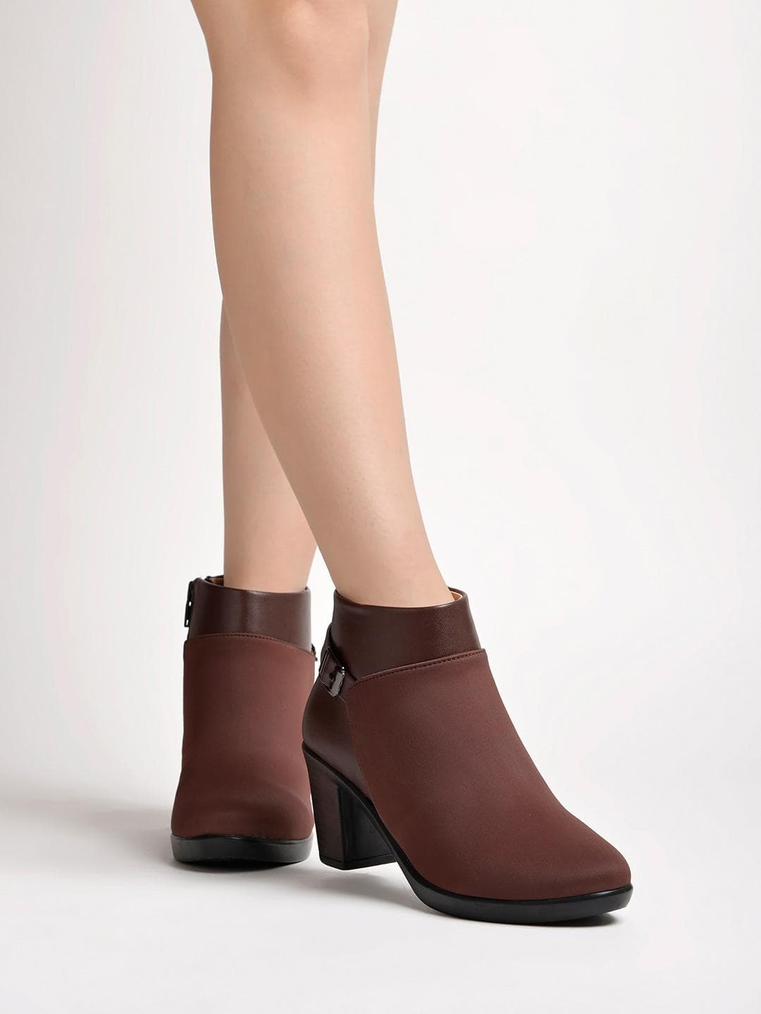 Shoetopia Women Mid Top Block-Heeled Regular Boots With Buckle Detail