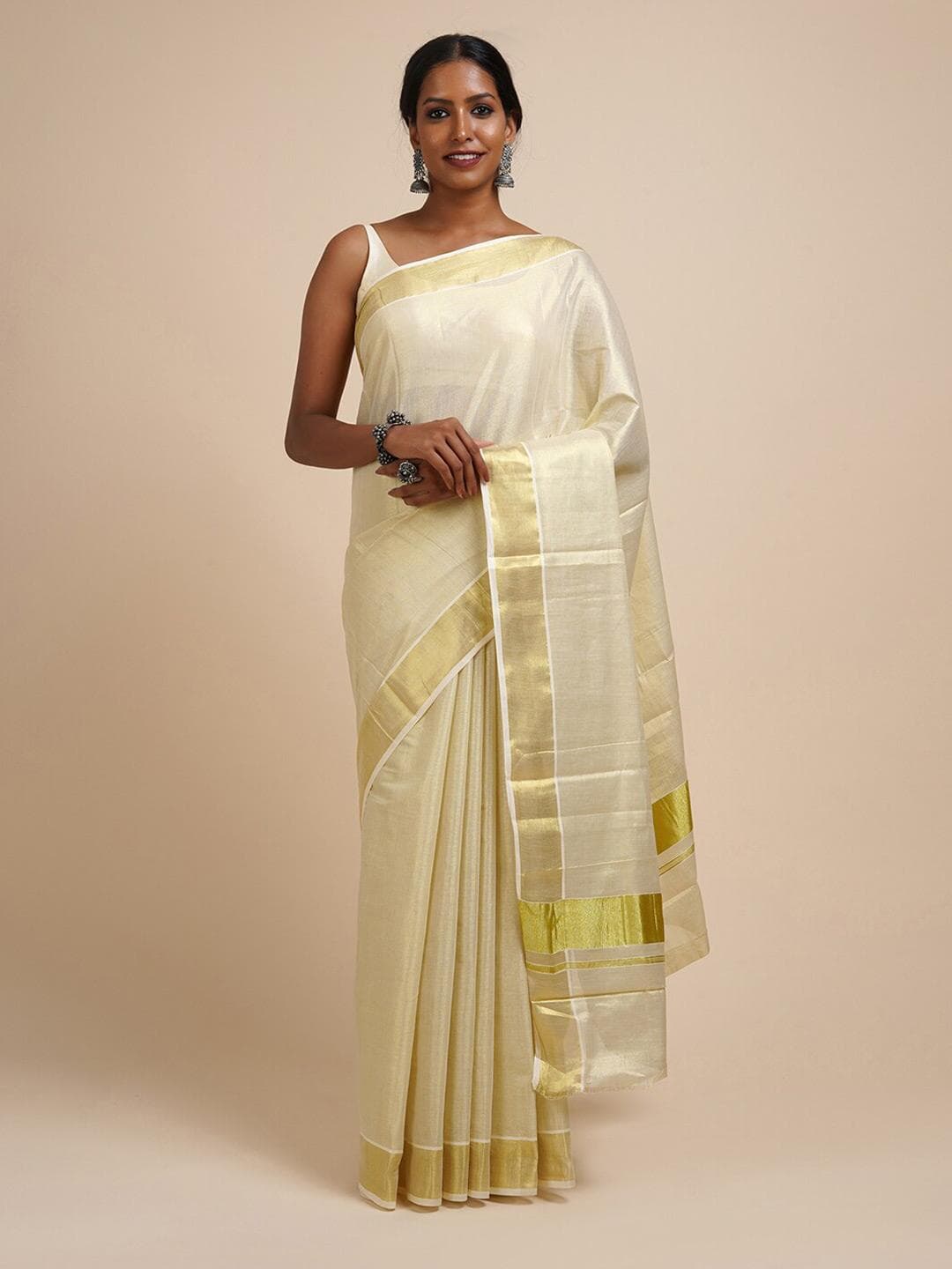 TEEJH White Zari Cotton Kasavu Saree