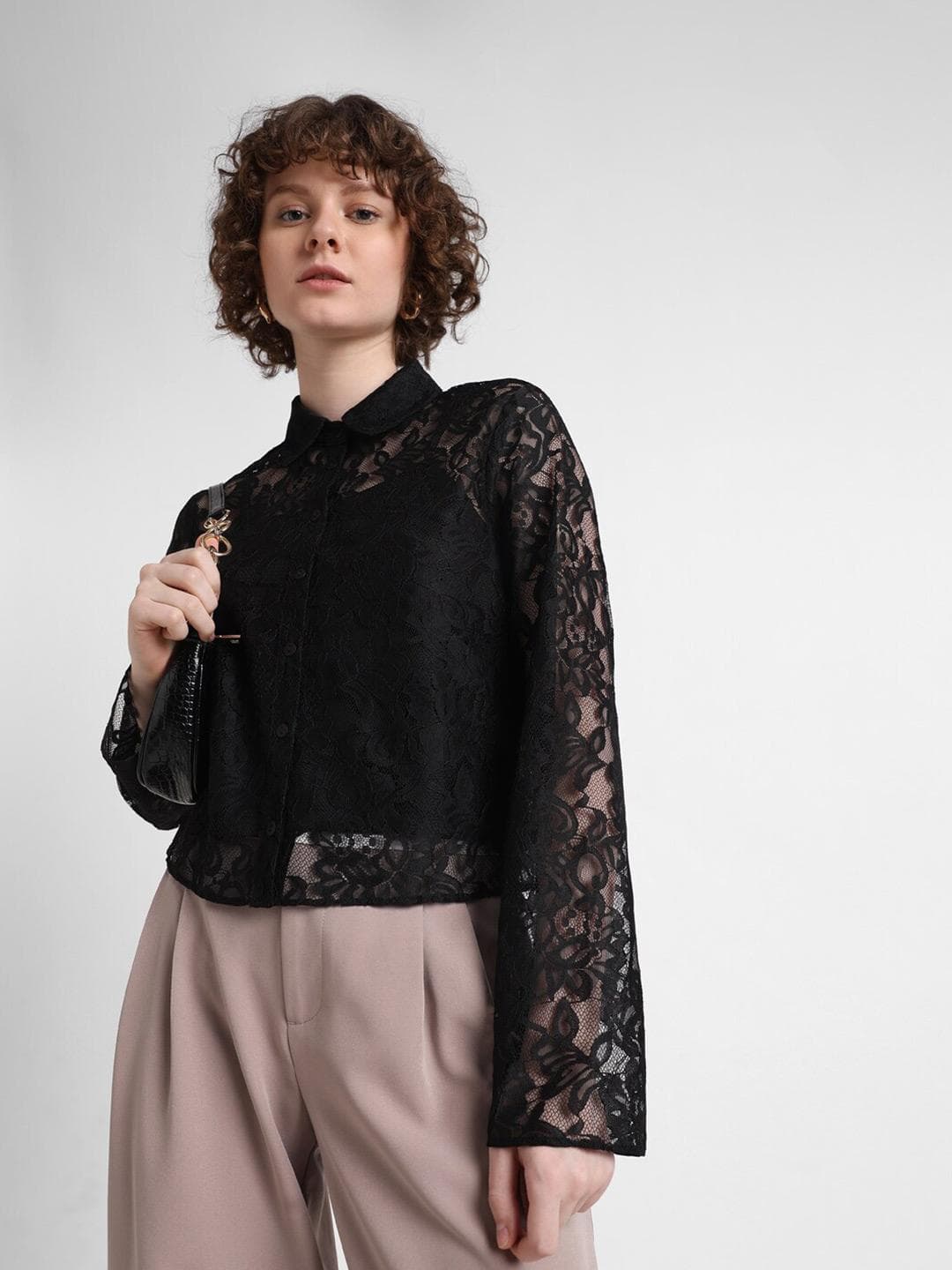 ONLY Lace Self Design Semi Sheer Casual Shirt