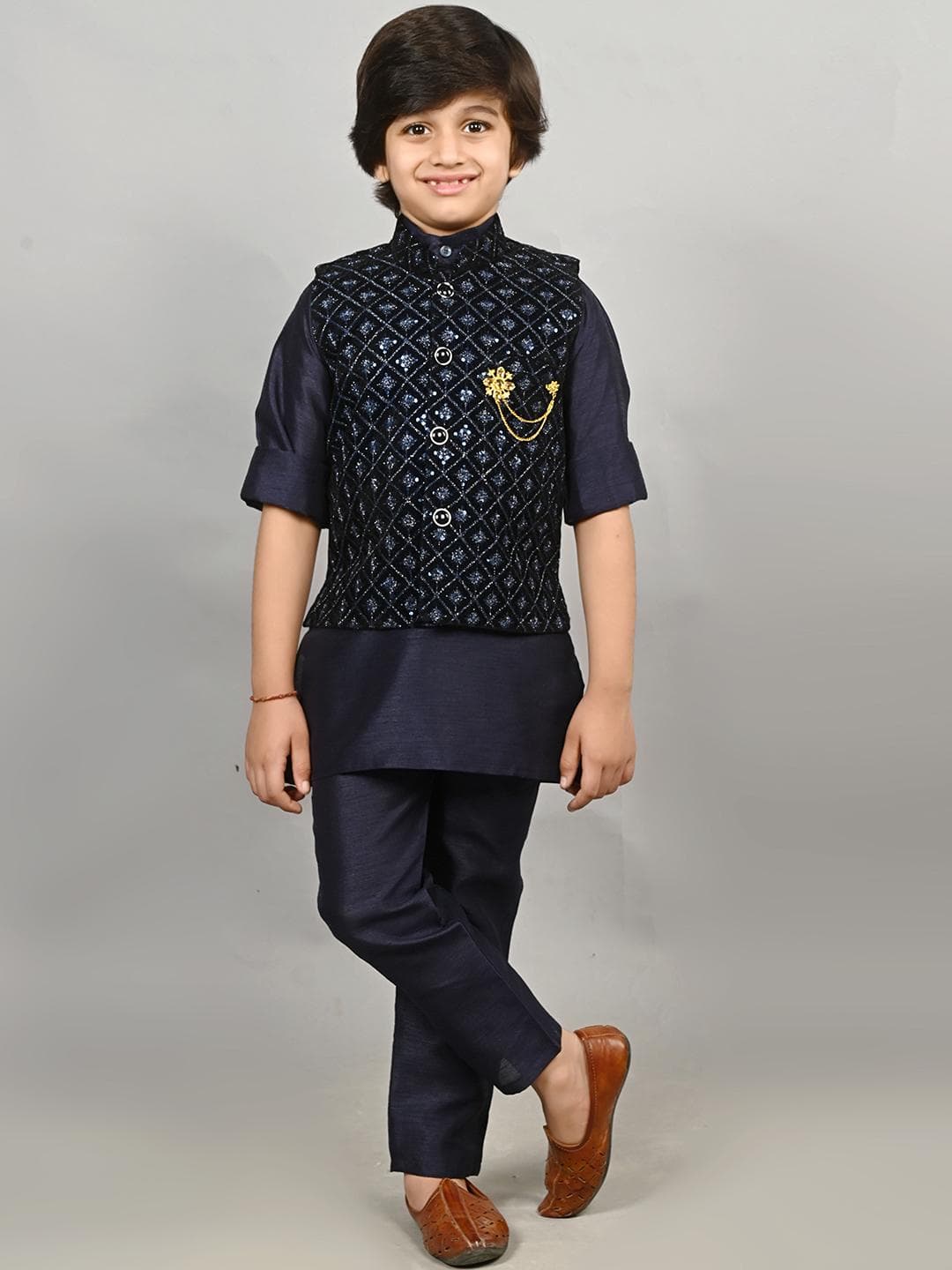 ahhaaaa Boys Mandrain Collar Kurta Pyjama & Velvet Waistcoat Set