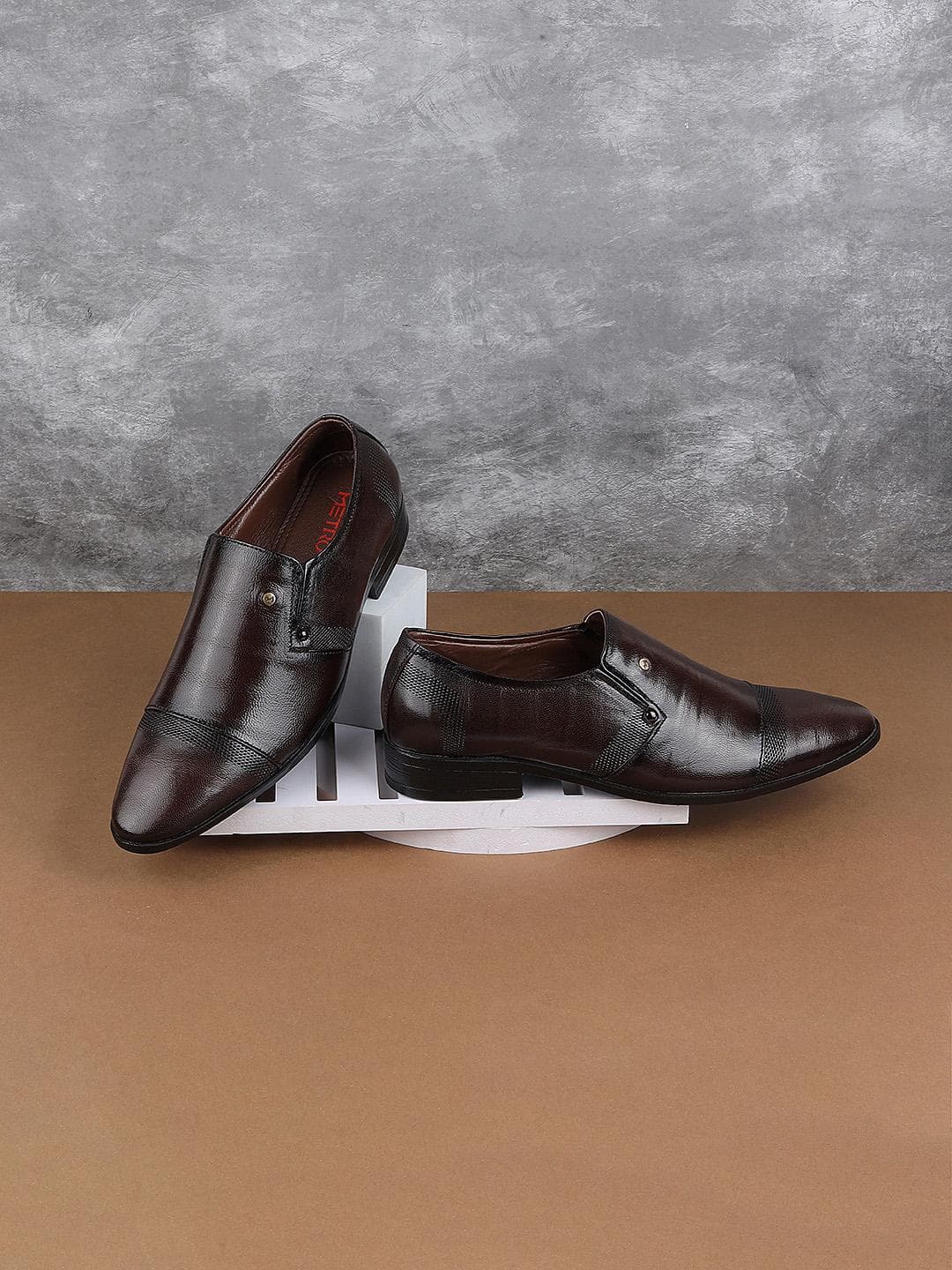 Metro Men Textured Leather Formal Slip-On Shoes