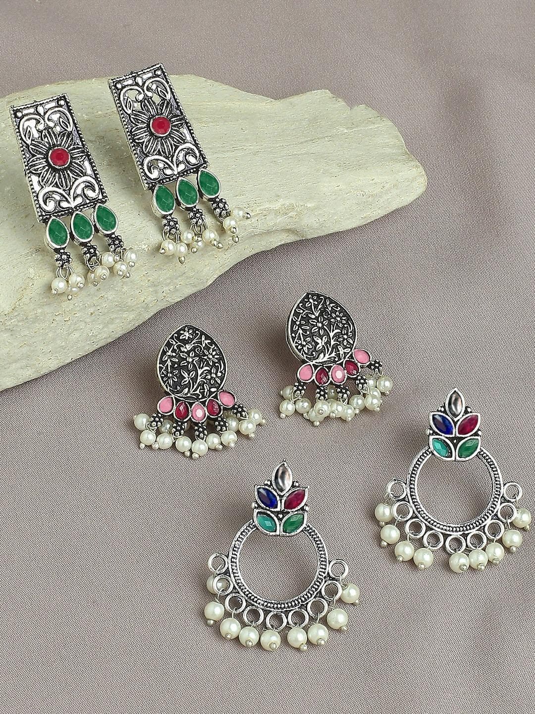 Buy OOMPH Set Of 3 Oxidised Floral Drop Earrings - - Accessories for Women
