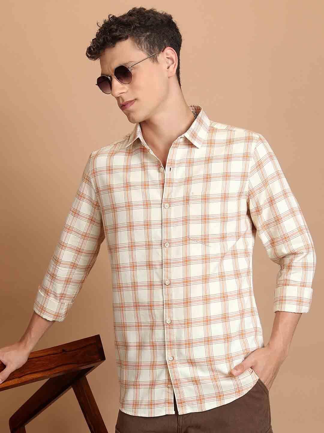 HIGHLANDER Beige Slim Fit Tartan Checks Cotton Casual Shirt