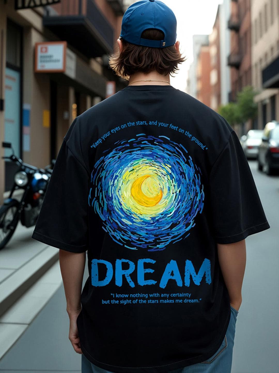 Bewakoof Men Black Dream Graphic Printed Cotton Drop-Shoulder Sleeves Oversized Fit T-shirt