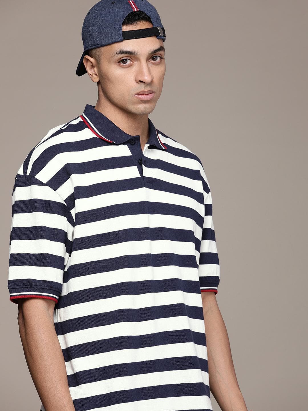The Roadster Life Co. Striped Polo Collar Pure Cotton T-shirt