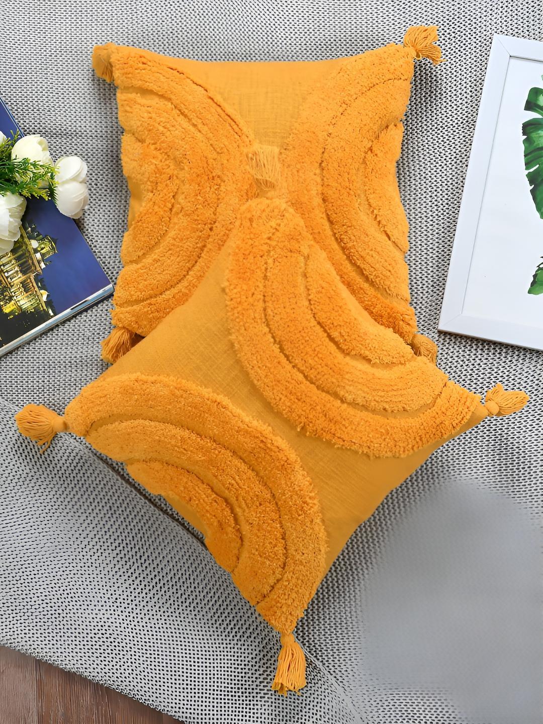 Buy HOMADORN Mustard 2 Pieces Self Design Cotton Square Cushion Covers With Tassels - - Home for Unisex