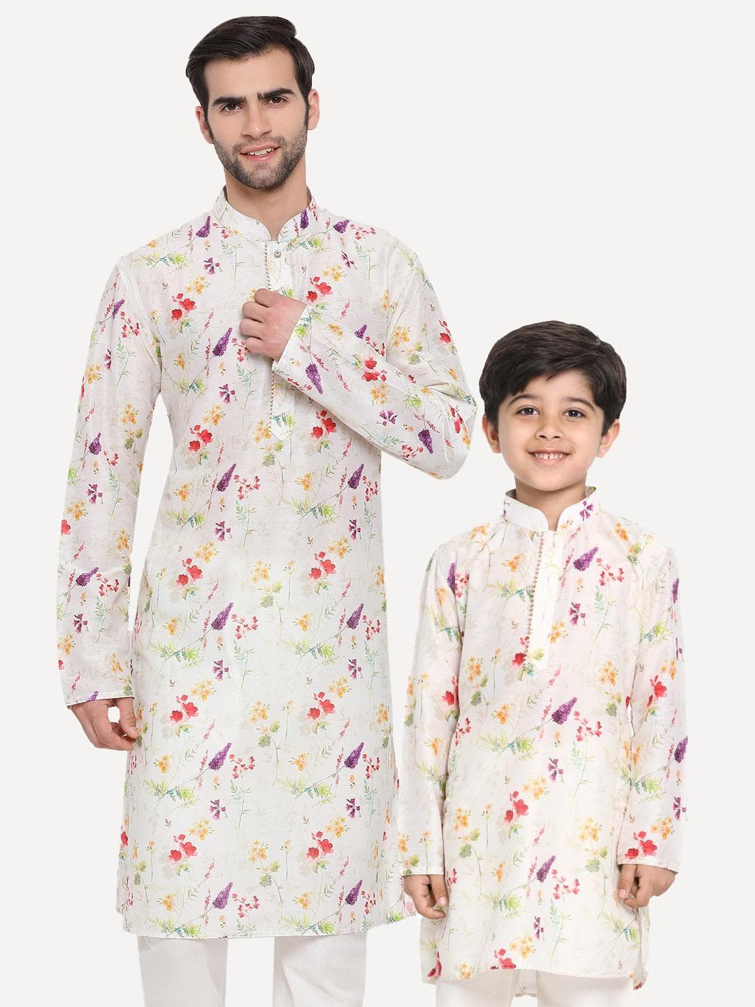 VASTRAMAY Boys Floral Printed Mandarin Collar Cotton Kurta