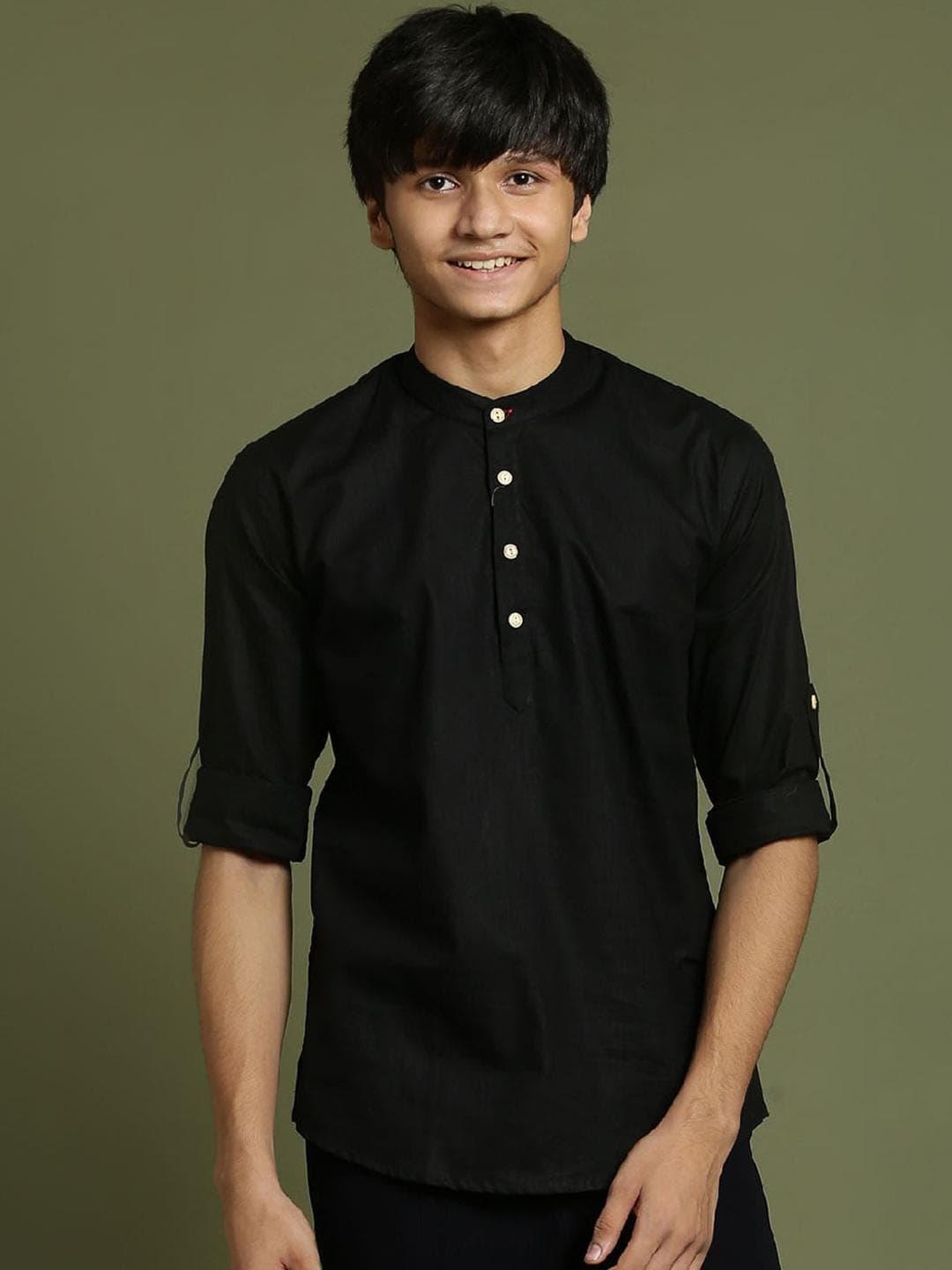 VASTRAMAY Boys Cotton Band Collar Roll-Up Sleeves Kurta