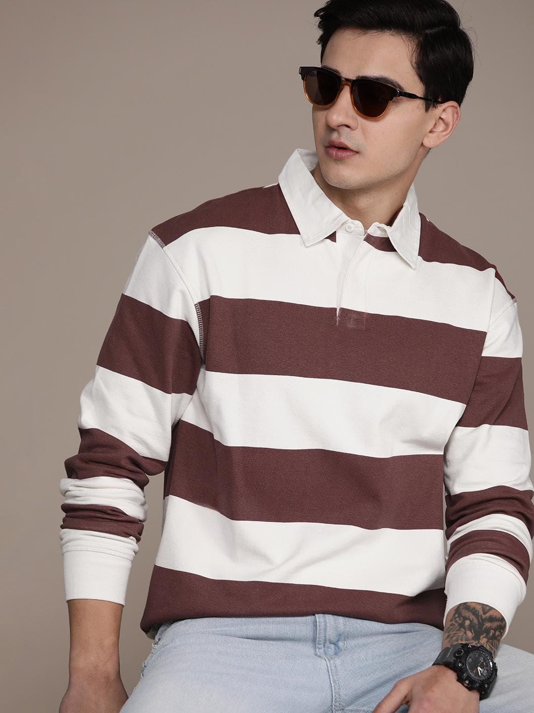 Roadster Men Striped Relaxed Fit Polo Collar T-shirt