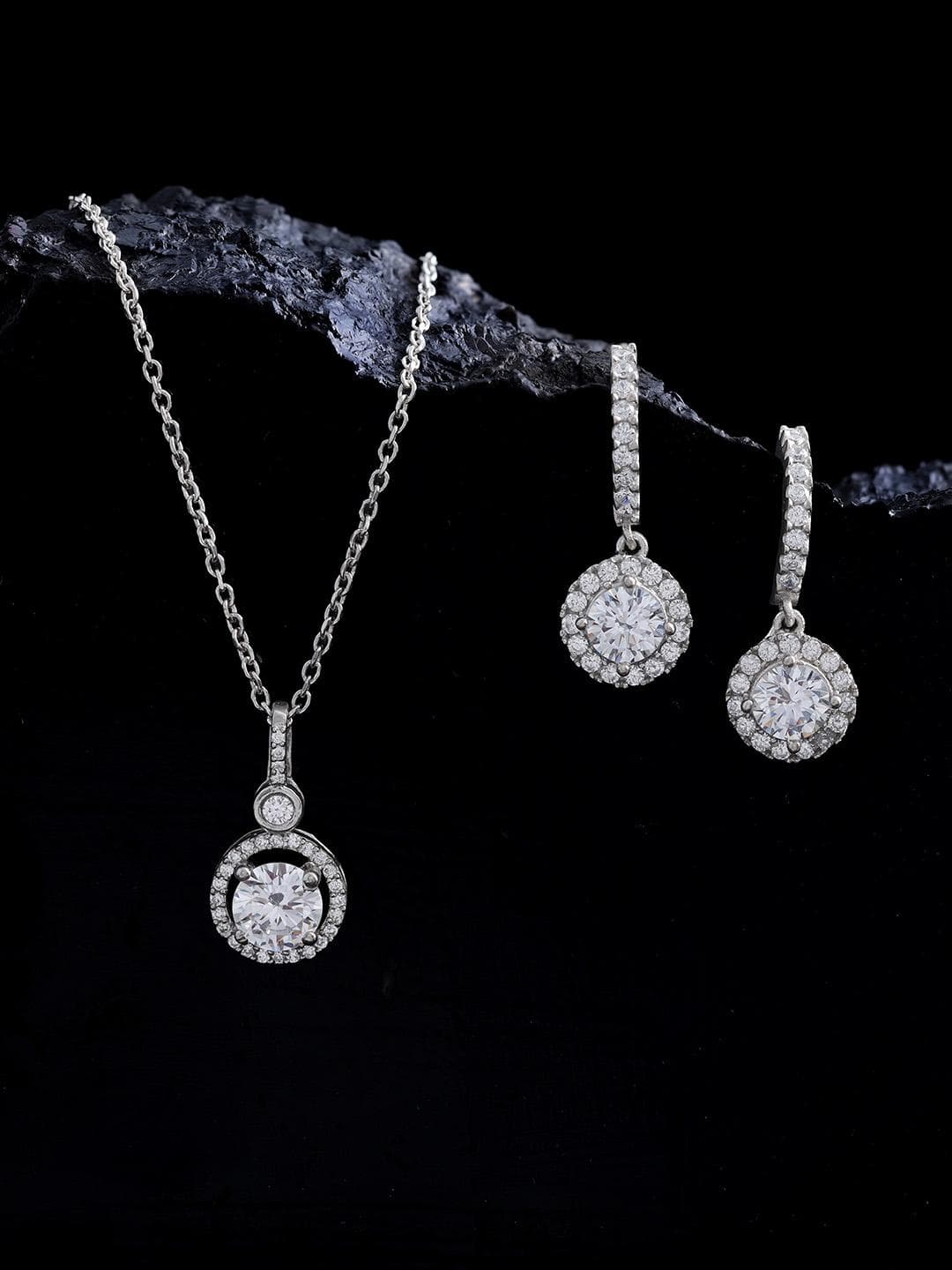 GIVA Rhodium-Plated Stone Studded 925 Sterling Silver Drop Jewellery Set