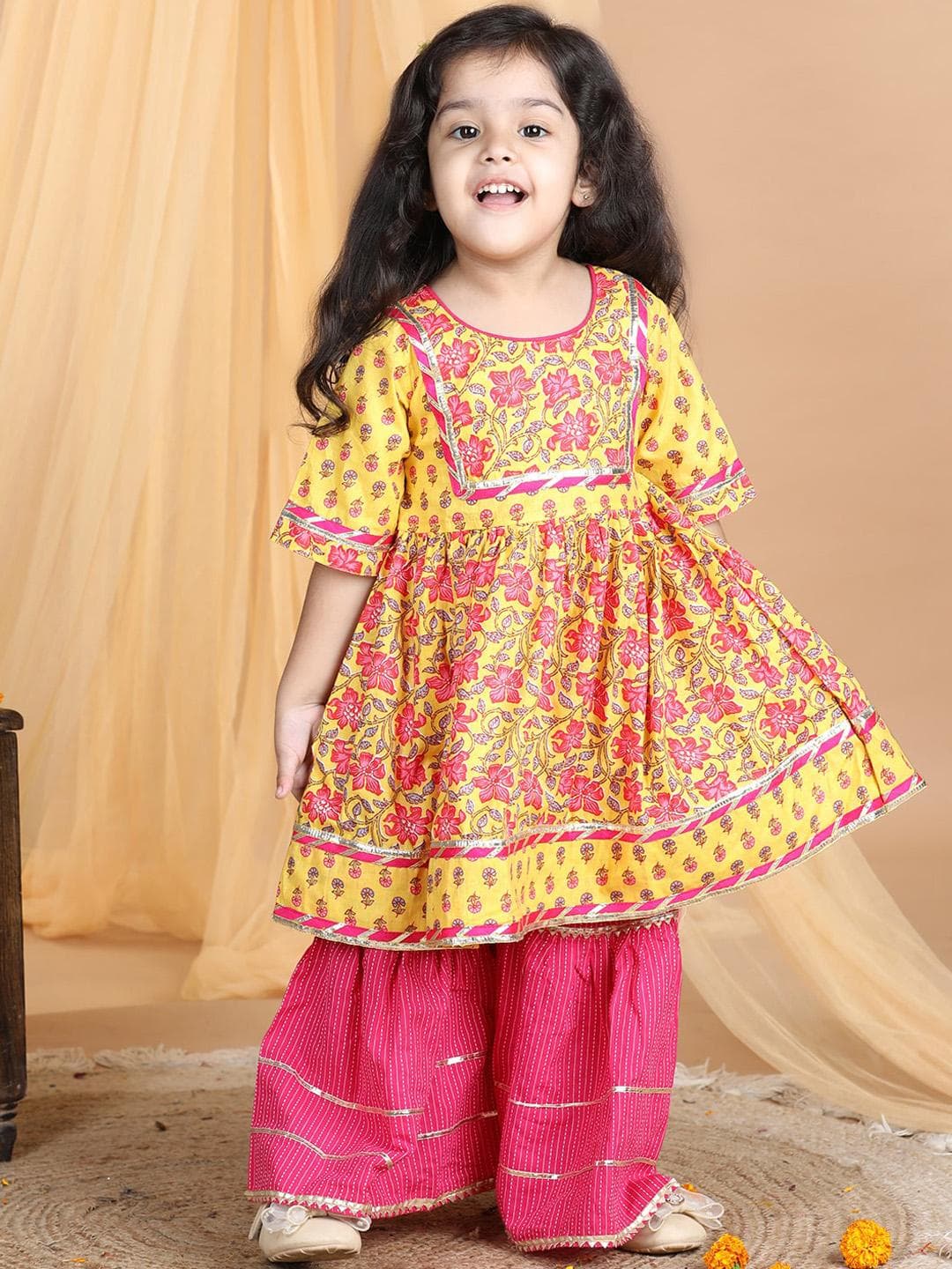 Sangria Girls Floral Printed Pure Cotton A-Line Kurta With Palazzos