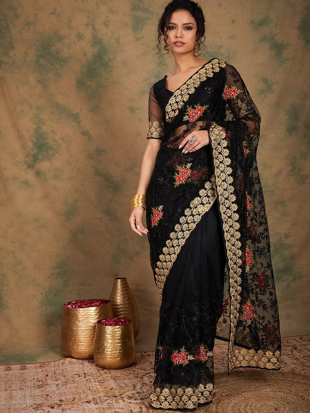 Sangria Black Ethnic Motifs Beads & Stones Embroidered Net Saree
