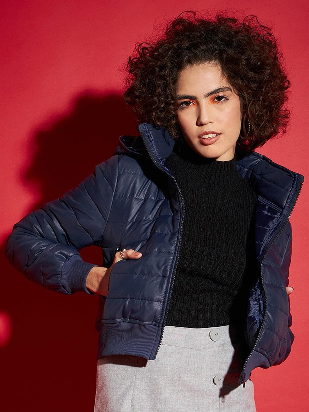 SASSAFRAS Navy Blue Hooded Cropped Puffer Jacket