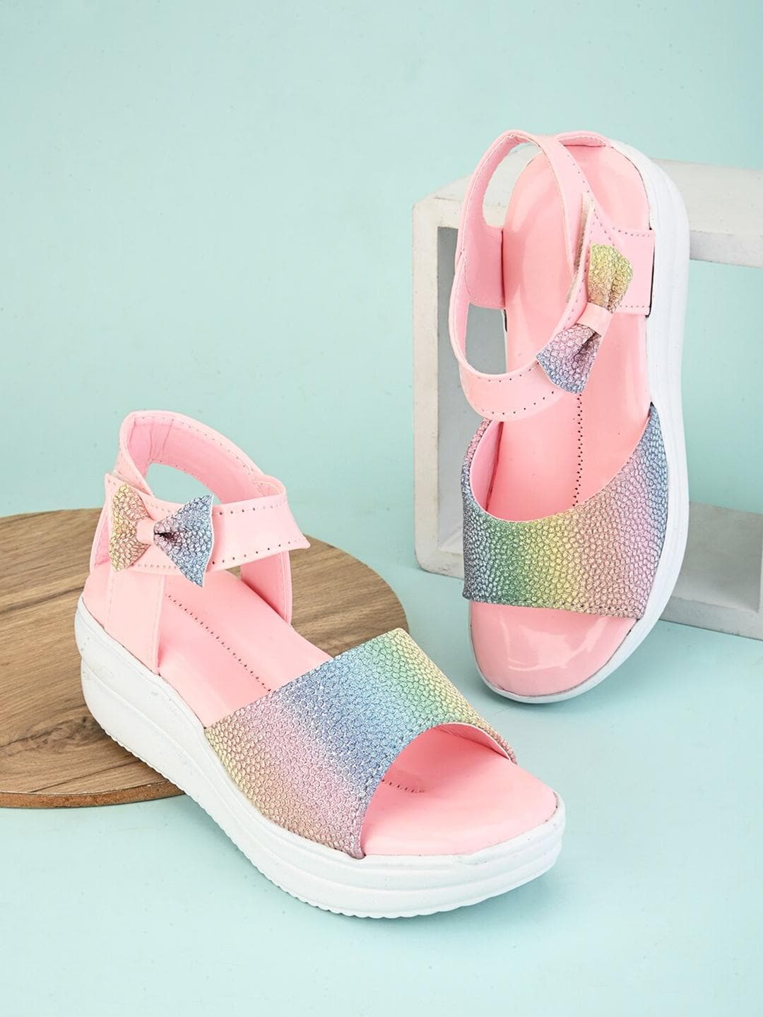 BAESD Girls Embellished Open Toe Wedges With Bows & Velcro Closure