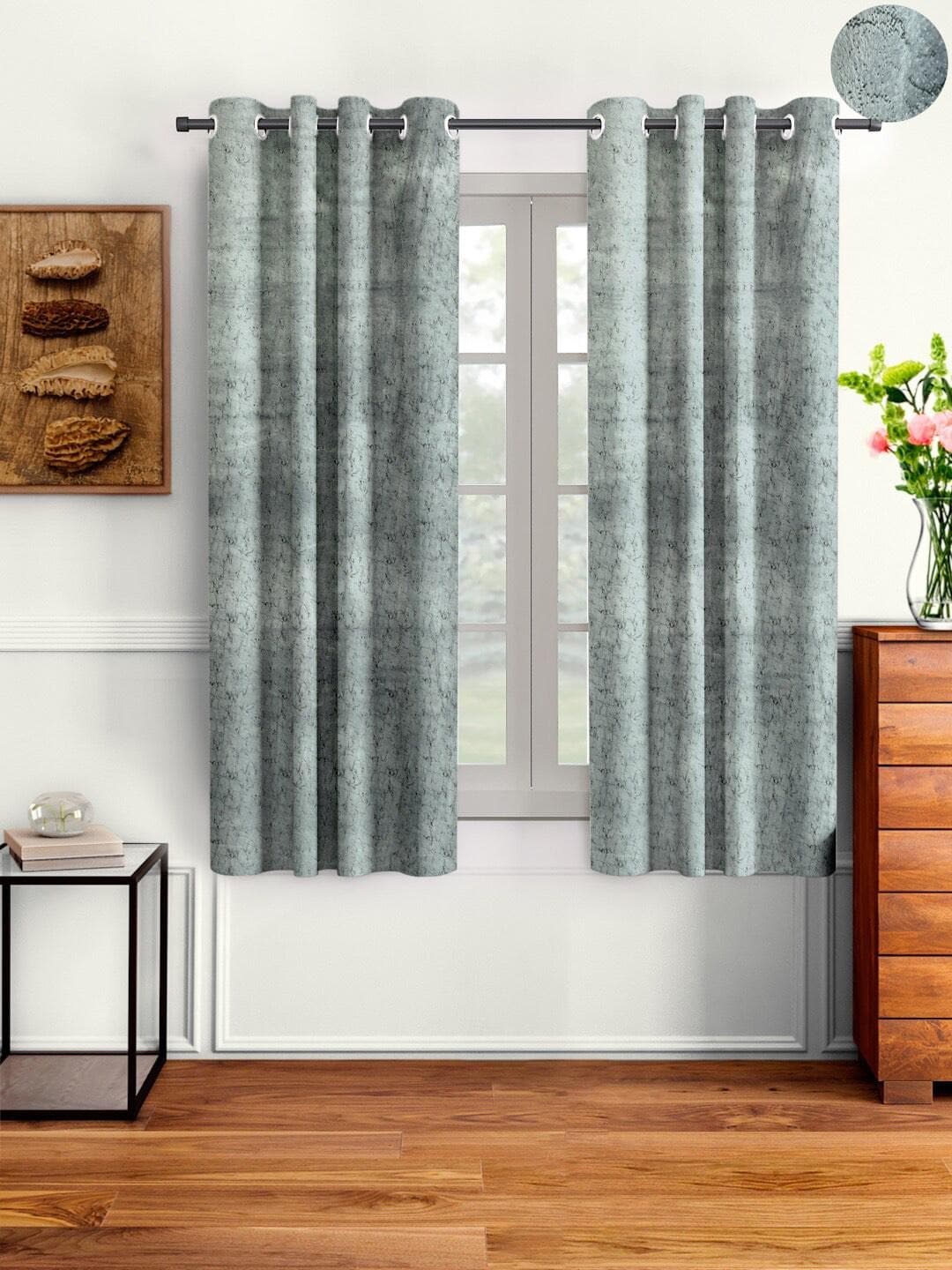 Aura Silver-Toned 2 Pieces Velvet Solid Blackout Window Curtains