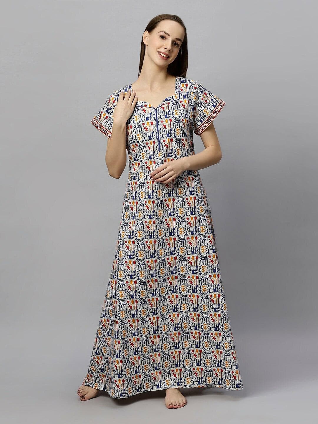 ETC Blue Floral Printed Pure Cotton Maxi Nightdress