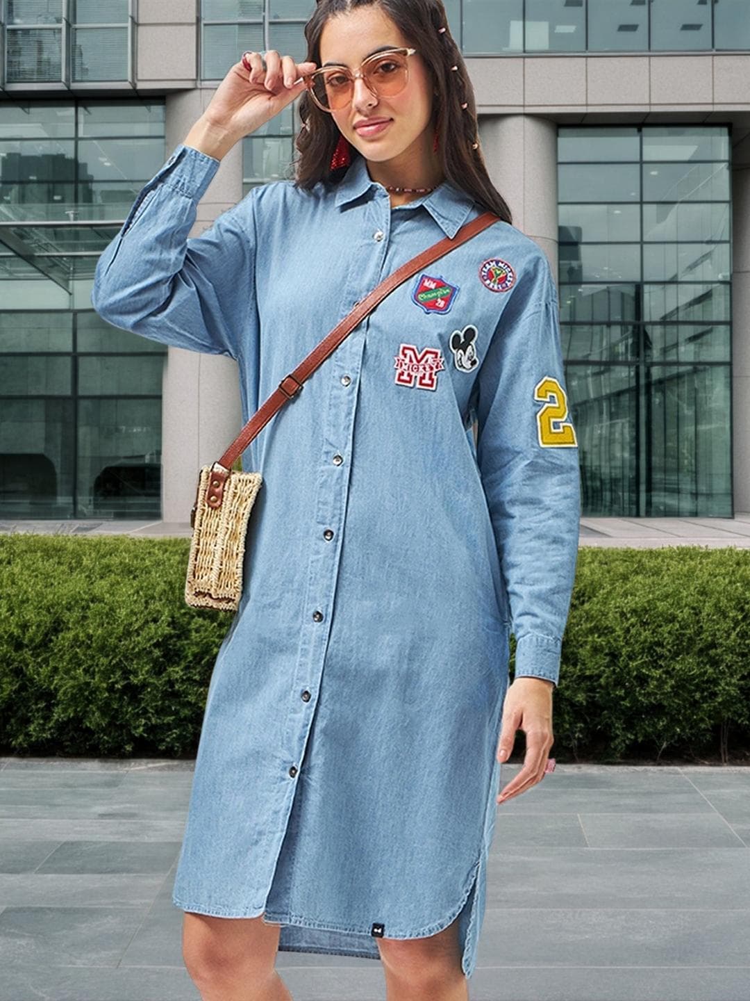 Bewakoof Disney Applique Oversized Shirt Style Denim Dress