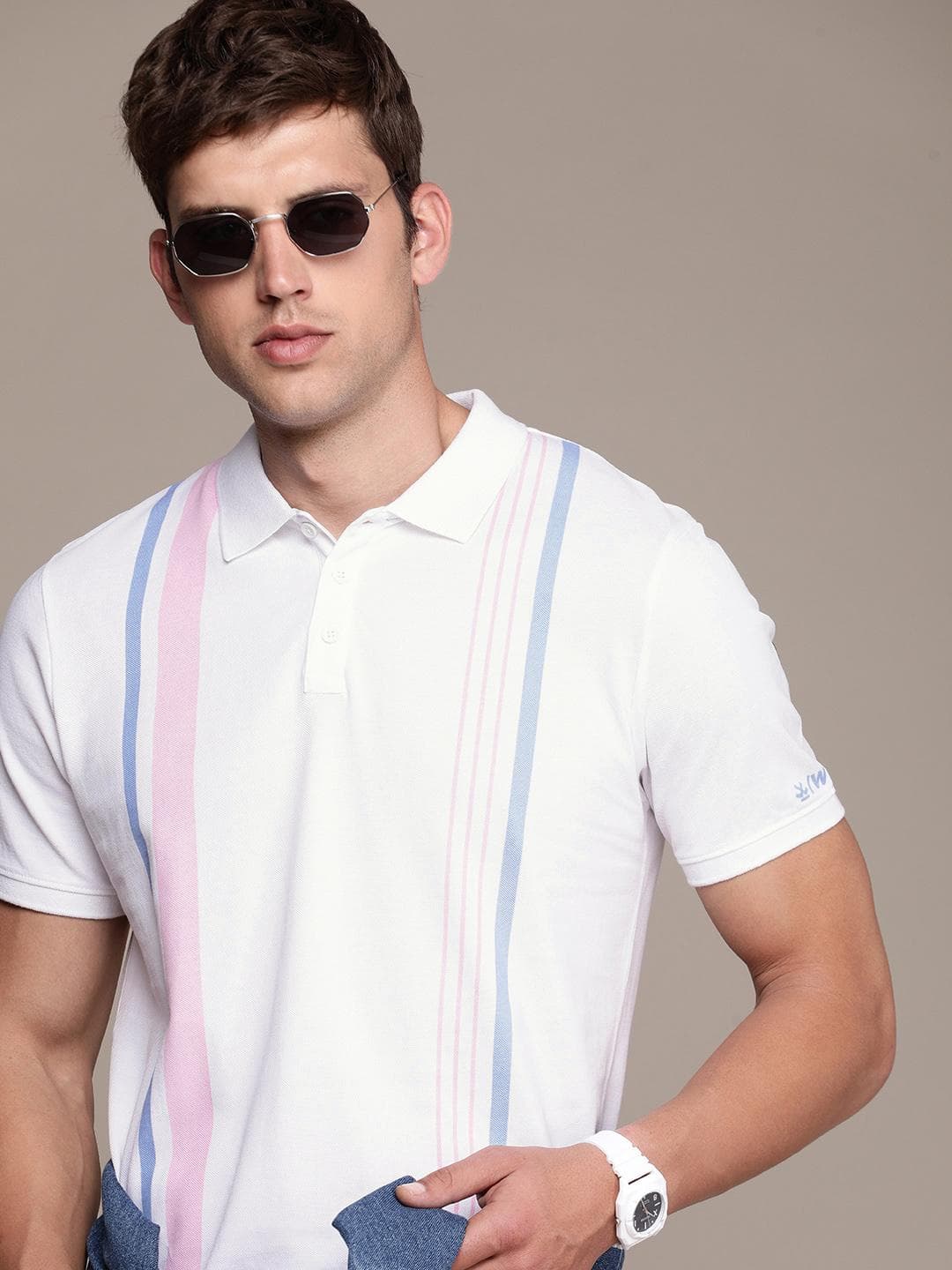 WROGN Pure Cotton Striped Polo Collar Slim Fit T-shirt