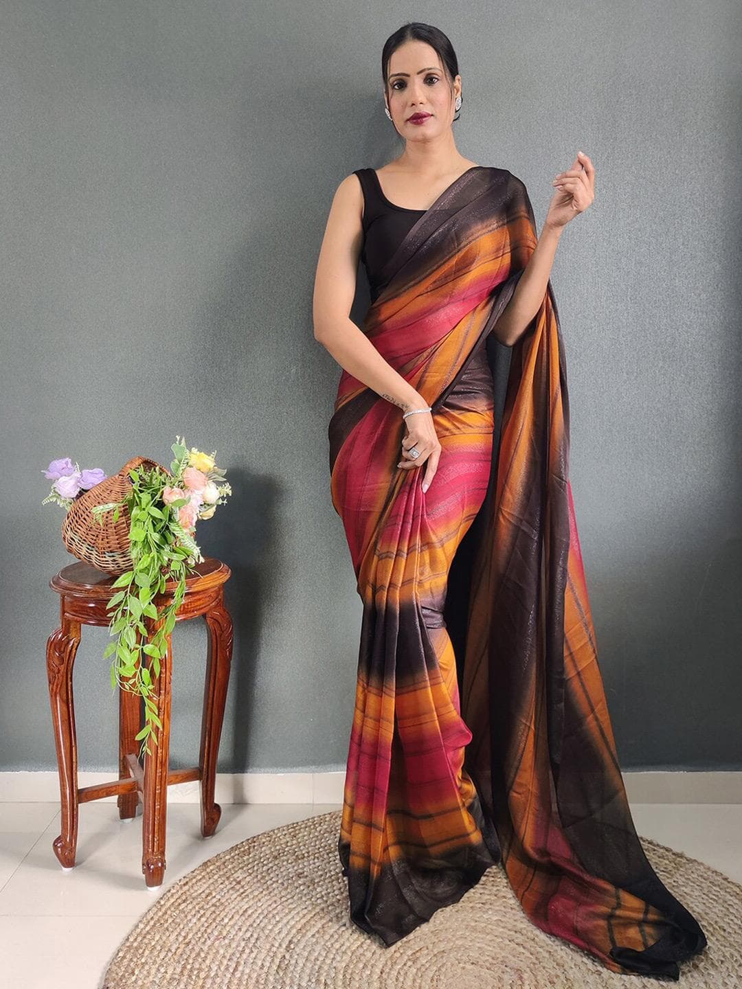 Mitera Striped Zari Poly Georgette Ready to Wear Saree