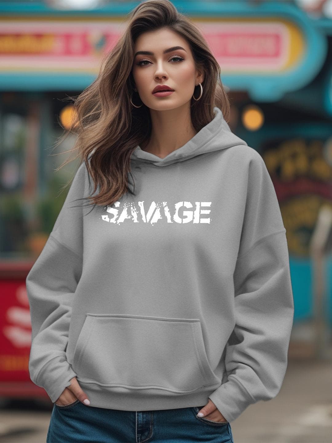 Leotude Typography Printed Hooded Fleece Pullover