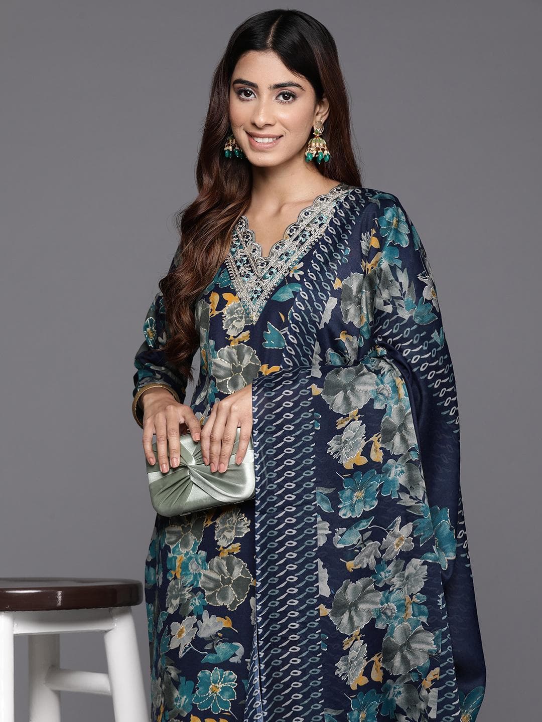 Varanga Floral Printed Zari Embroidered Kurta with Trouser & Dupatta