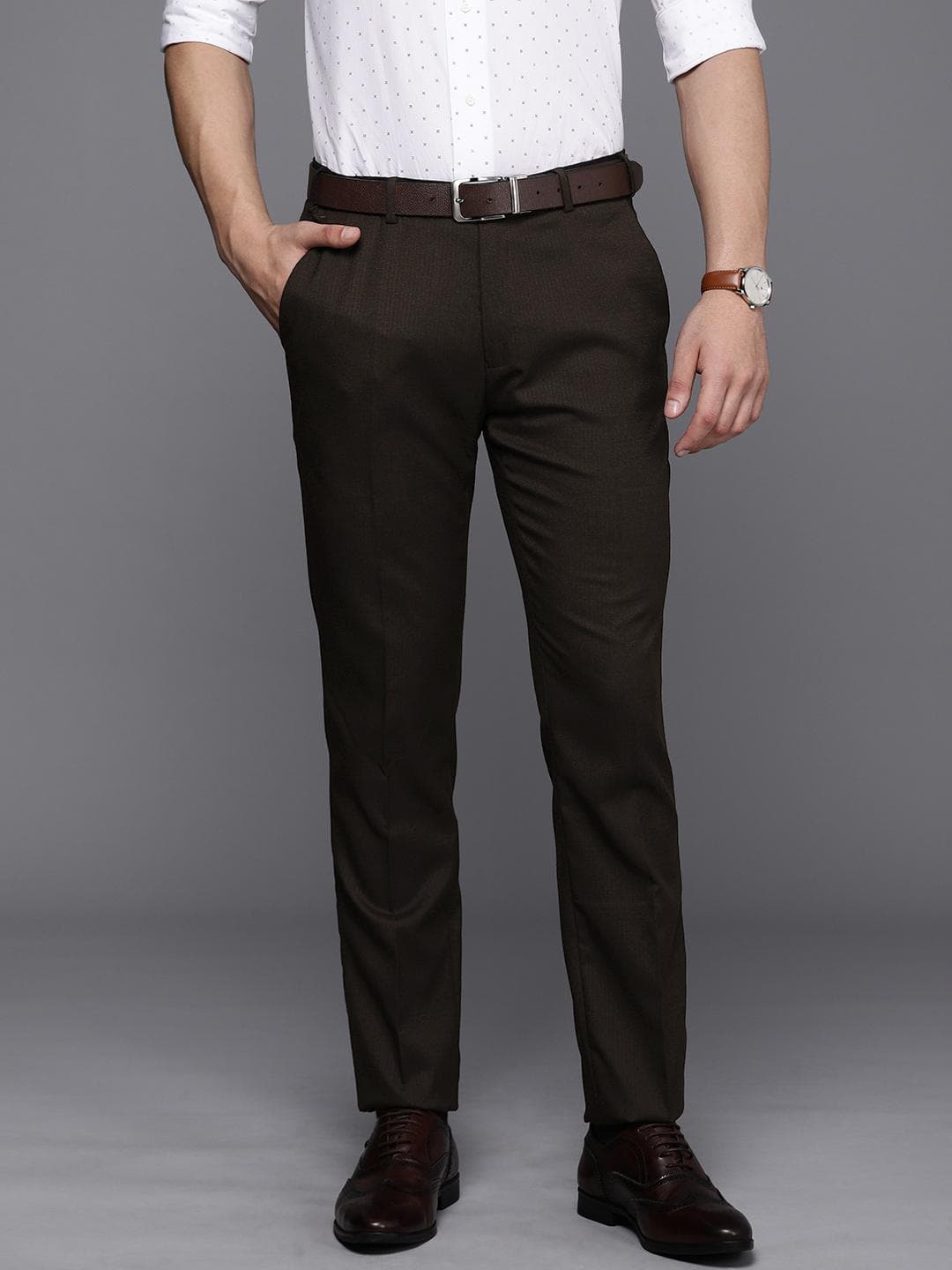 Raymond Men Checked Slim Fit Mid-Rise Formal Trousers
