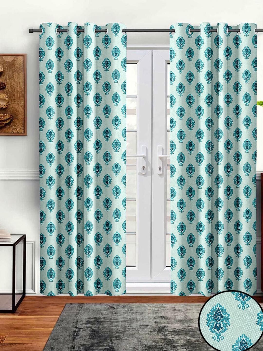 Buy Aura Blue 2 Pcs Ethnic Motifs Printed Room Darkening Door Curtains - - Home for Unisex