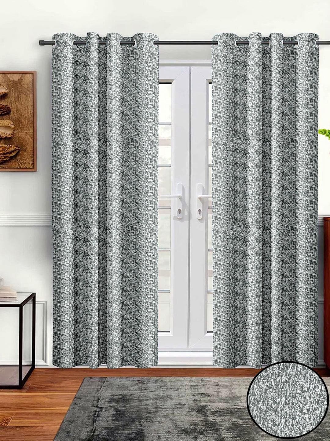 Buy Aura Grey & White 2 Pieces Abstract Printed Eyelet Room Darkening Long Door Curtains - - Home for Unisex