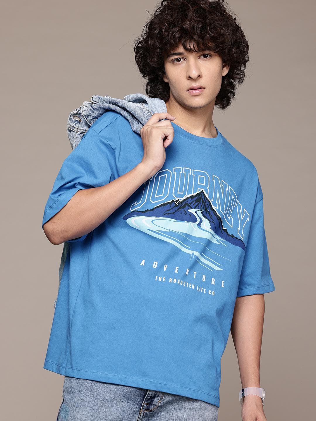 The Roadster Lifestyle Co. Printed Drop-Shoulder Sleeves Pure Cotton Relaxed T-shirt