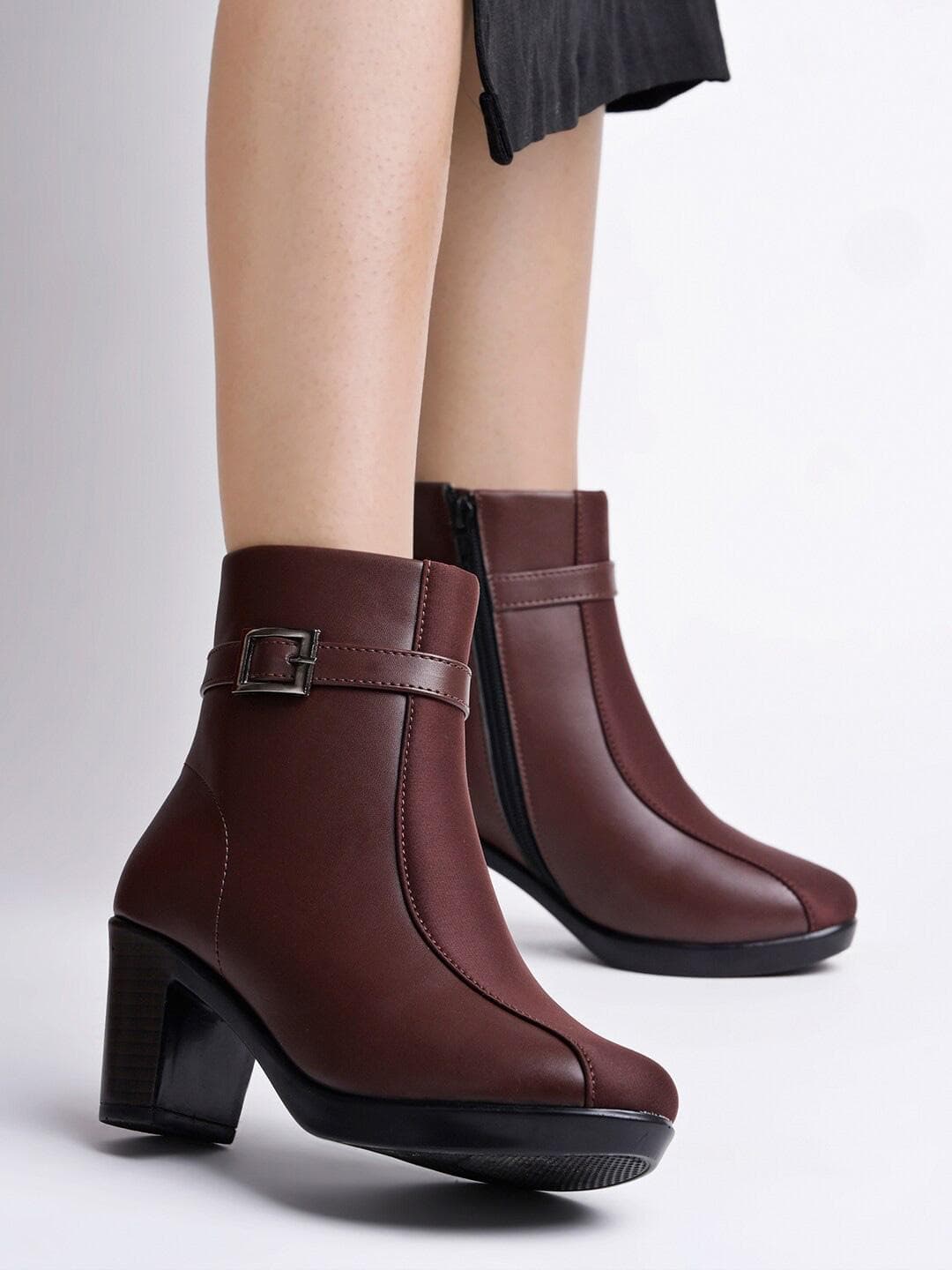 Shoetopia Women Buckle Detail Block Heeled Boots