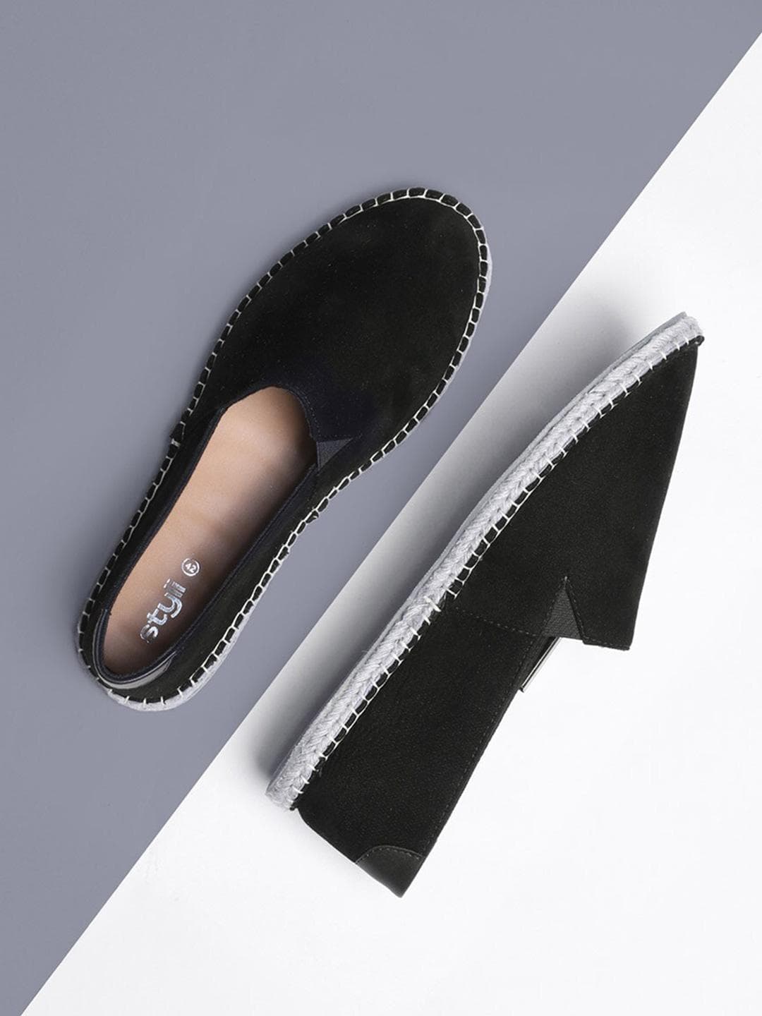 Styli Men Black Solid Faux Suede Mule Espadrilles