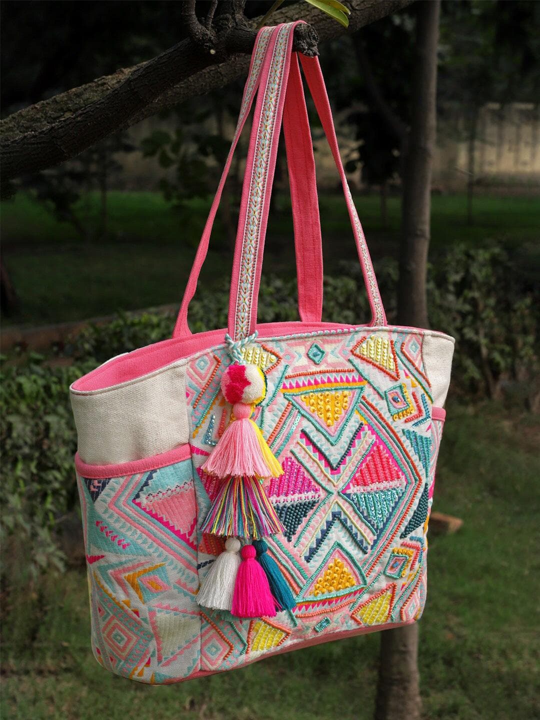 Buy Anekaant Geometric Embellished Jacquard Cotton Shopper Tote Bag With Tasseled - - Accessories for Women
