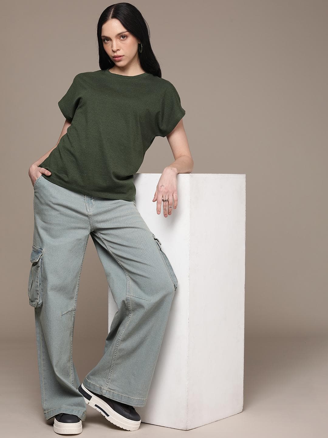The Roadster Life Co. Solid Oversized Extended Sleeves Casual T-shirt