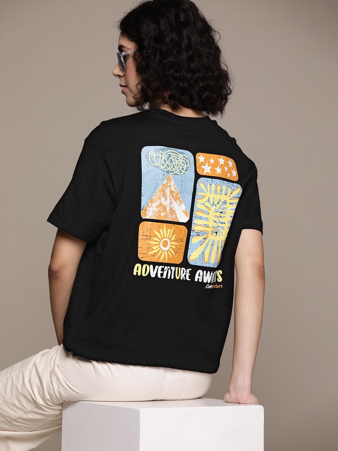 The Roadster Lifestyle Co. Printed Drop-Shoulder Sleeves Cotton T-shirt