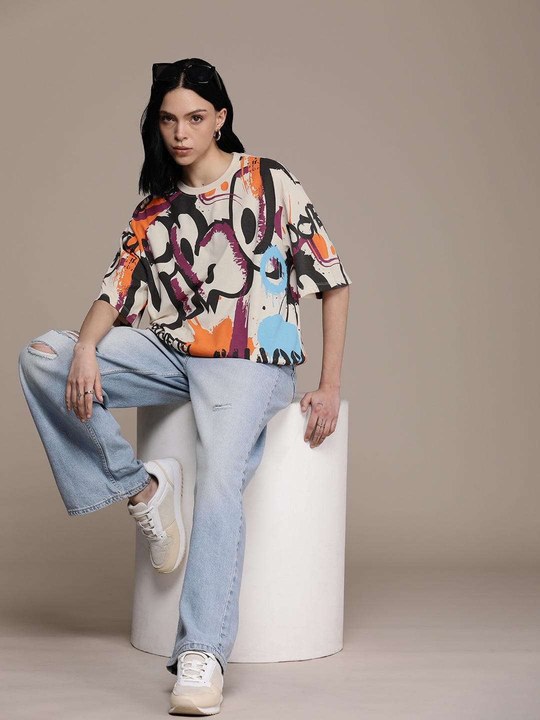 The Roadster Life Co. Printed Drop-Shoulder Sleeves Pure Cotton Oversized T-shirt