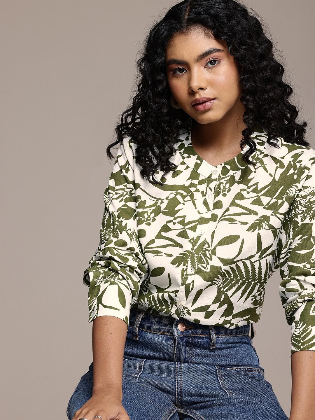 The Roadster Life Co. Tropical Printed Band Collar Casual Shirt