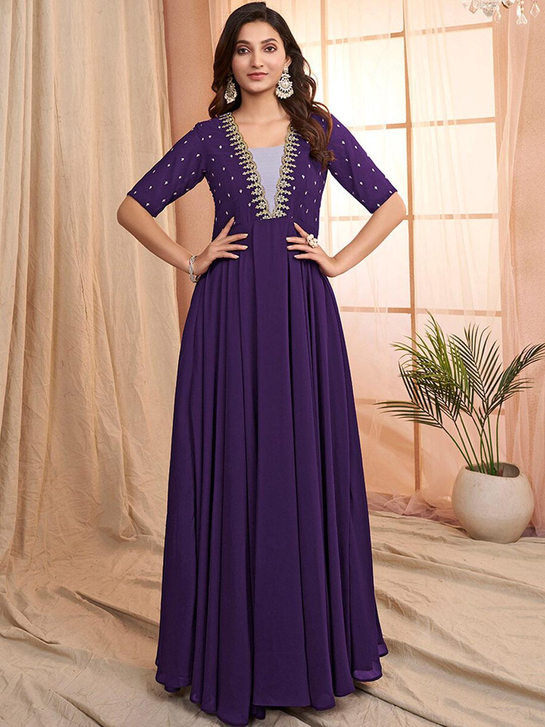 Buy Inddus Floral Embroidered V Neck Georgette Maxi Ethnic Motifs Dress - - Apparel for Women