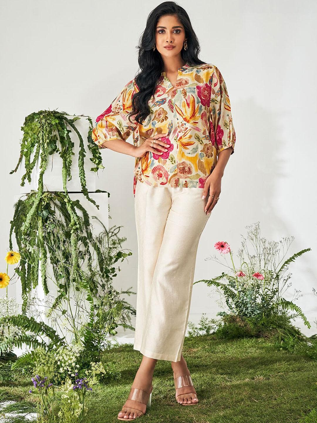 Buy DRESOUL Printed Mandarin Collar Top With Trousers - - Apparel for Women