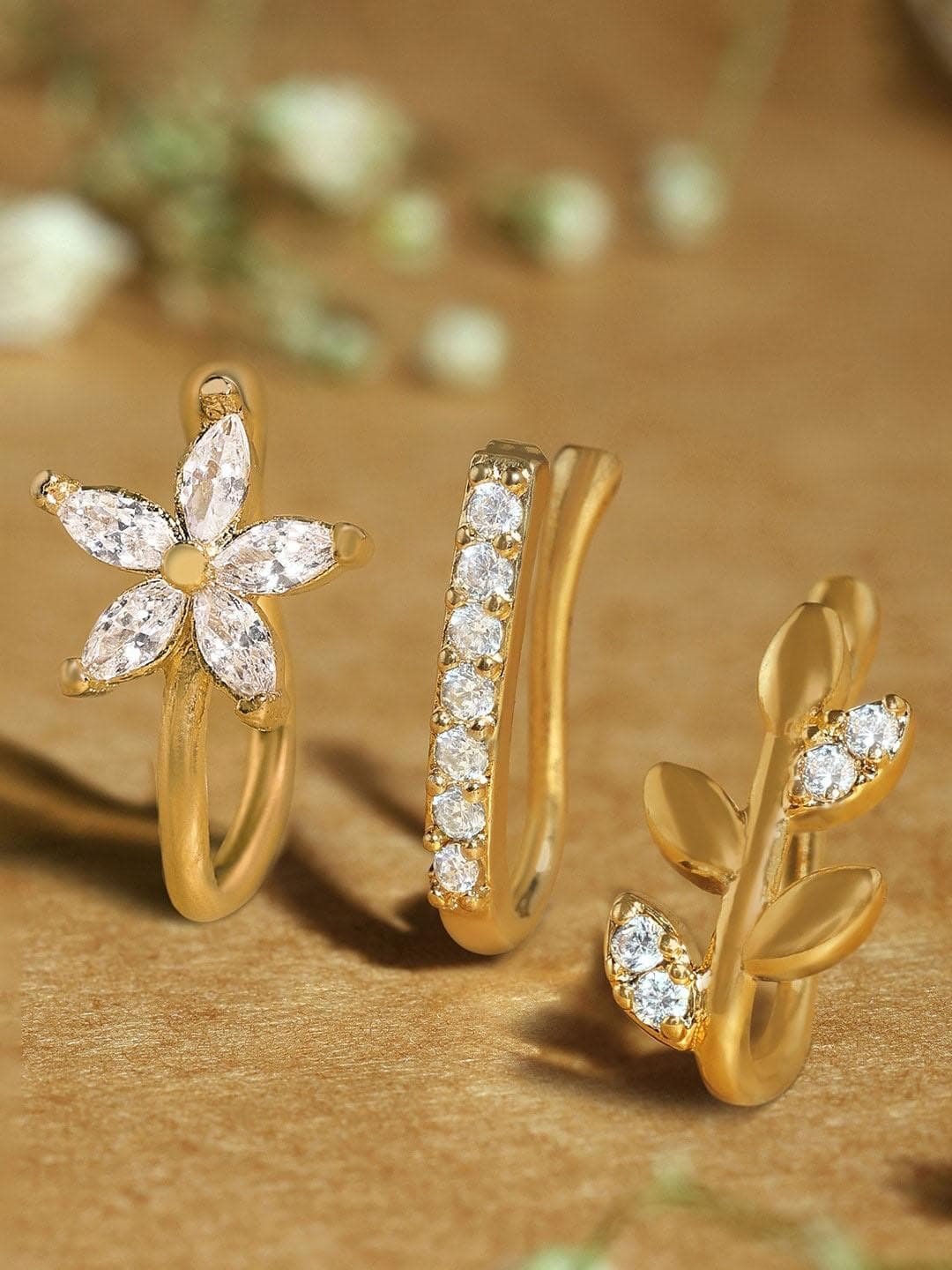 AMI Set Of 3 Gold-Plated Cubic Zirconia-Studded Clip On Contemporary Nosepins