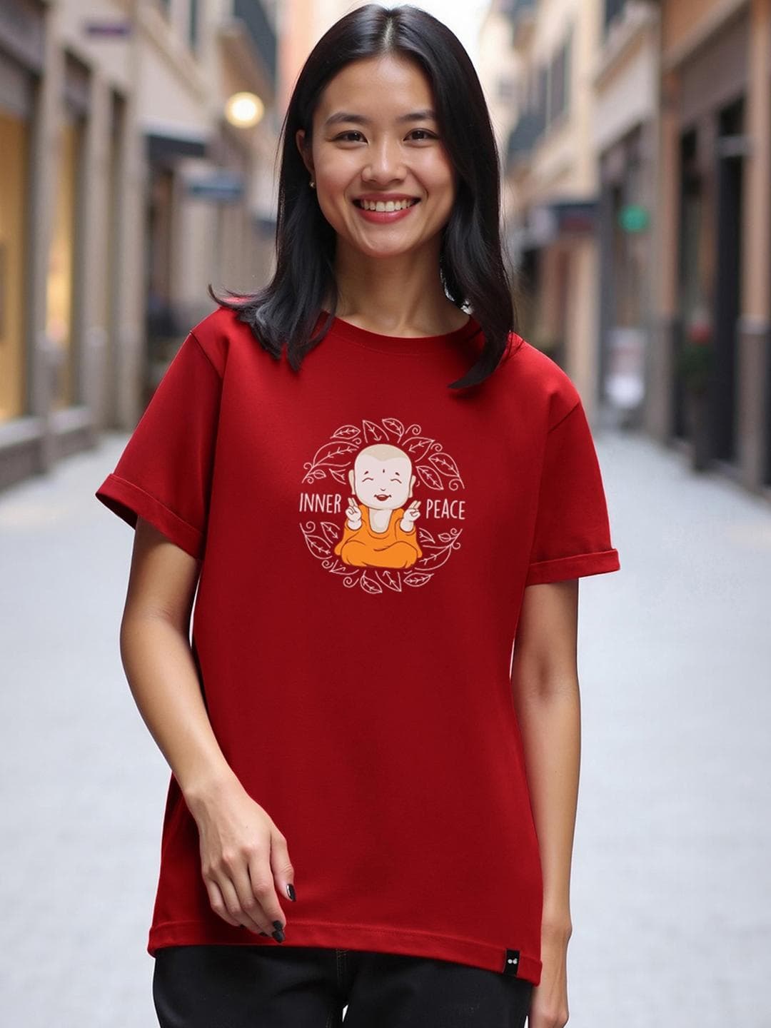 Bewakoof Women Red Inner Peace Boyfriend Graphic Printed Cotton Relaxed Fit T-shirt