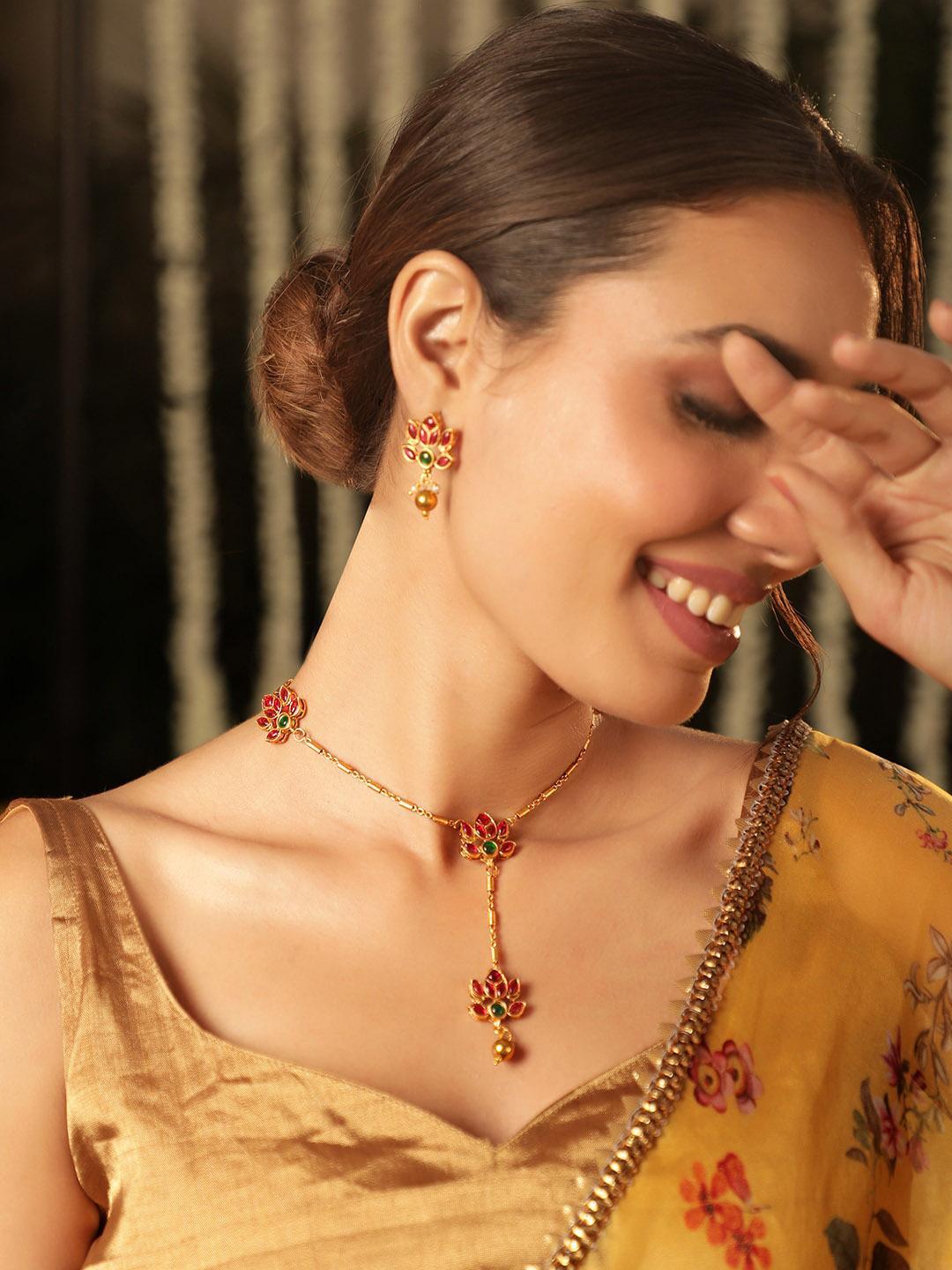 Buy Rubans 22K Gold Plated Lotus Motif Ruby And Emerald Studded Jewellery Set - - Accessories for Women