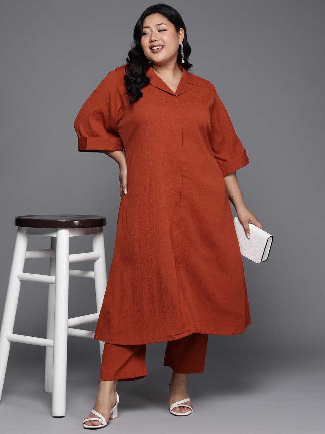 Varanga Plus Size Flared Sleeves Silk Crepe Kurta with Trousers