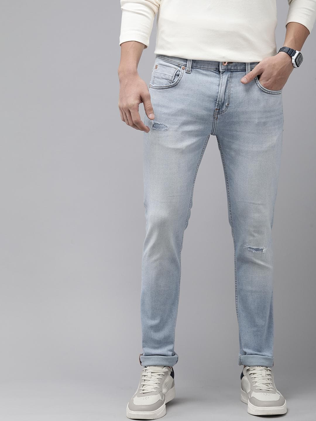 SPYKAR Men Skinny Fit Low-Rise Low Distress Light Fade Stretchable Jeans