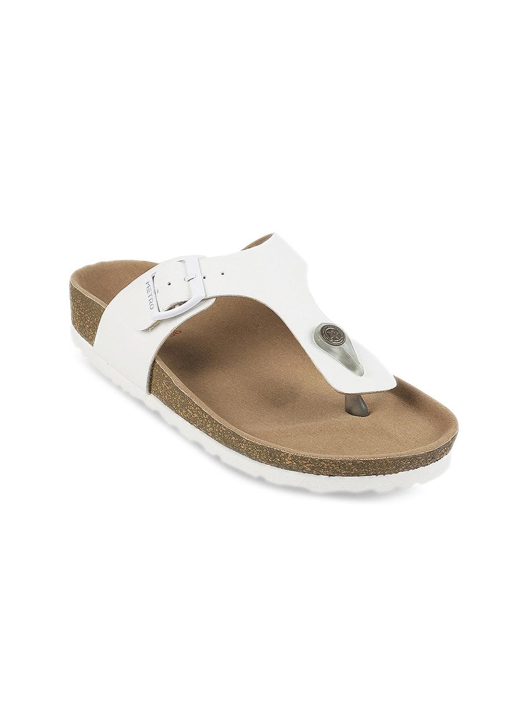 Metro Womens White Open Toe T-Strap Flats with Buckle