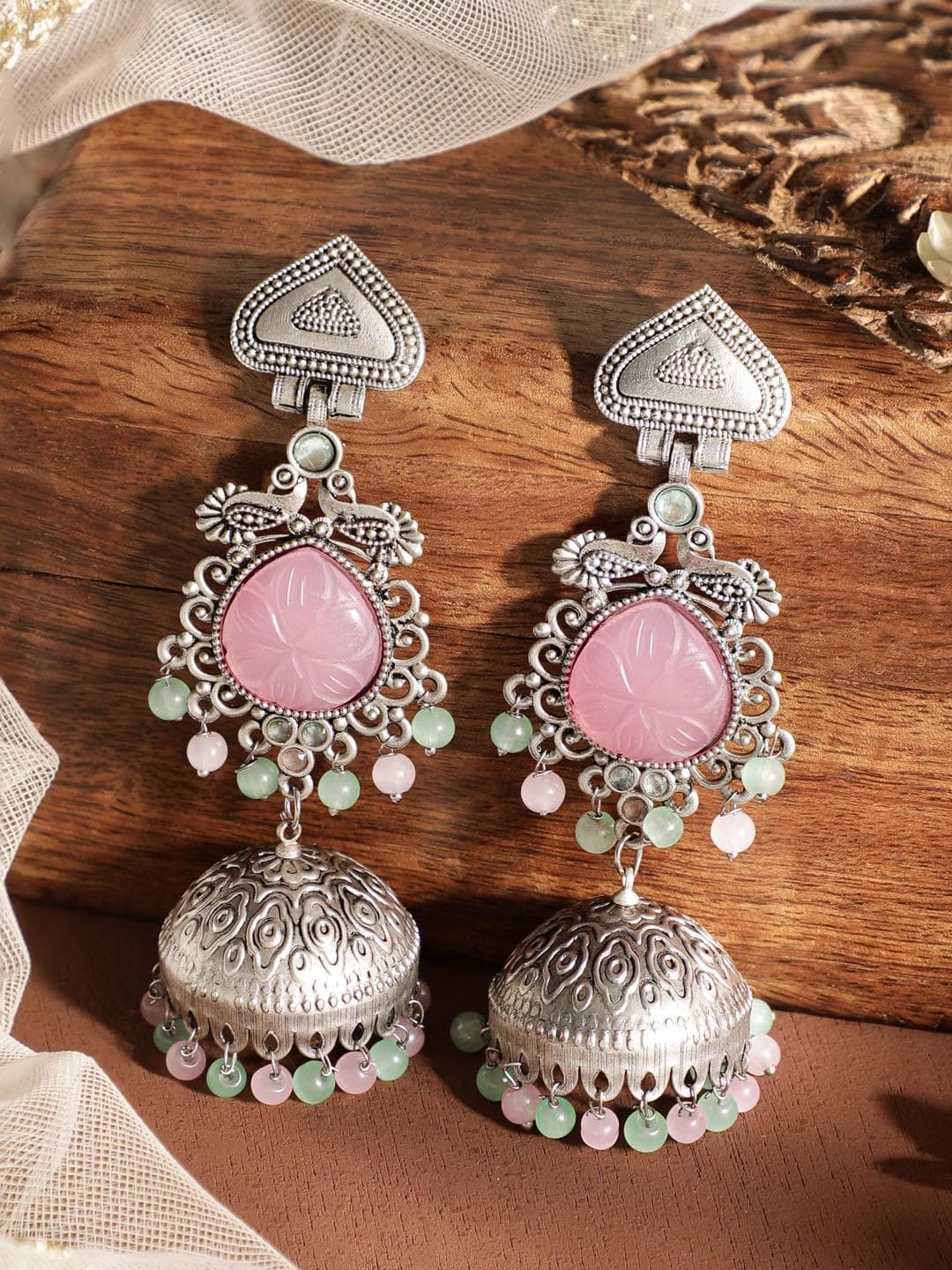 Buy Rubans Silver Plated Oxidised Jhumka Earrings With Pastel Pink Gemstone & Mint Green Beads - - Accessories for Women