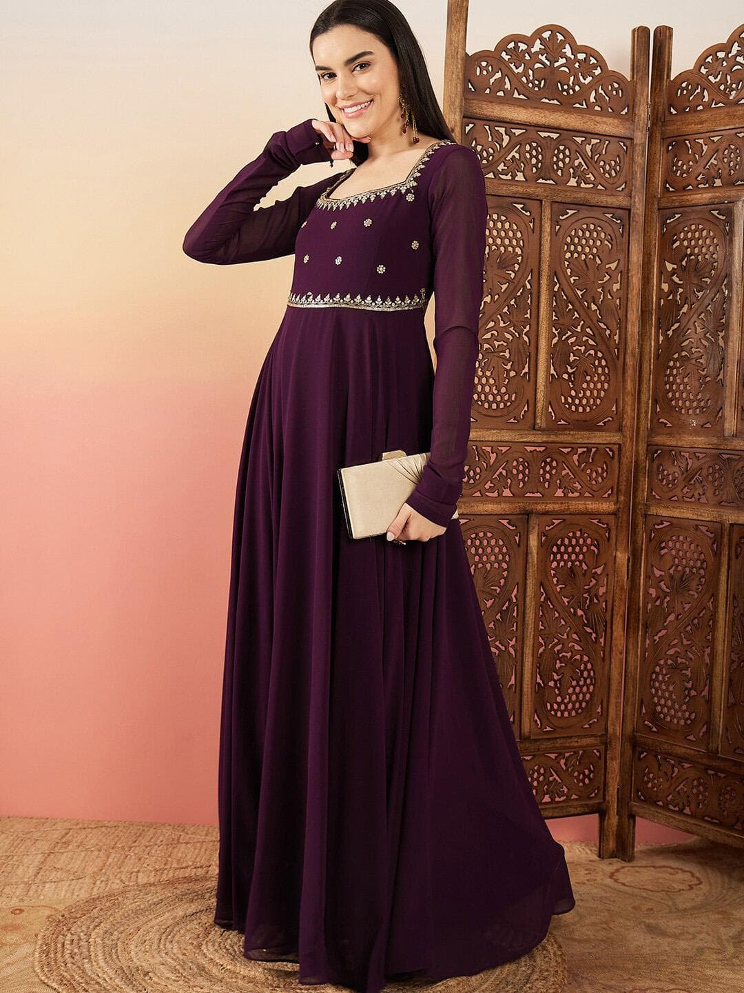 Buy Sangria Floral Zari & Sequinned Embroidered Square Neck Georgette A Line Ethnic Dress - - Apparel for Women
