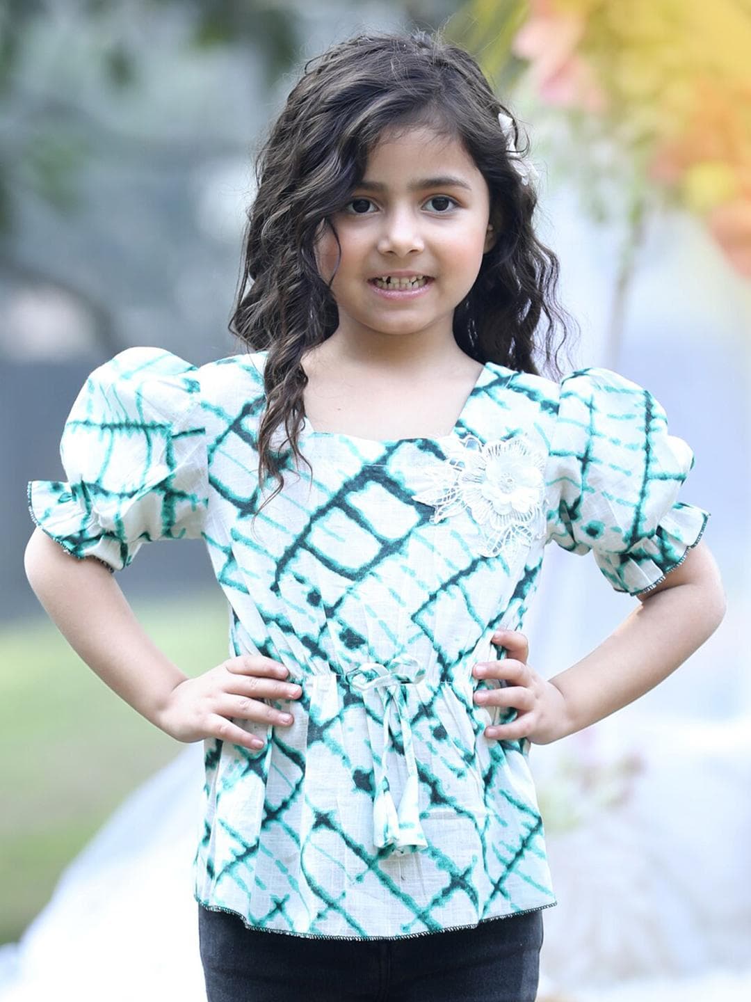 Cutiekins Girls Tie & Dye Square Neck Puff Sleeve Cotton Top