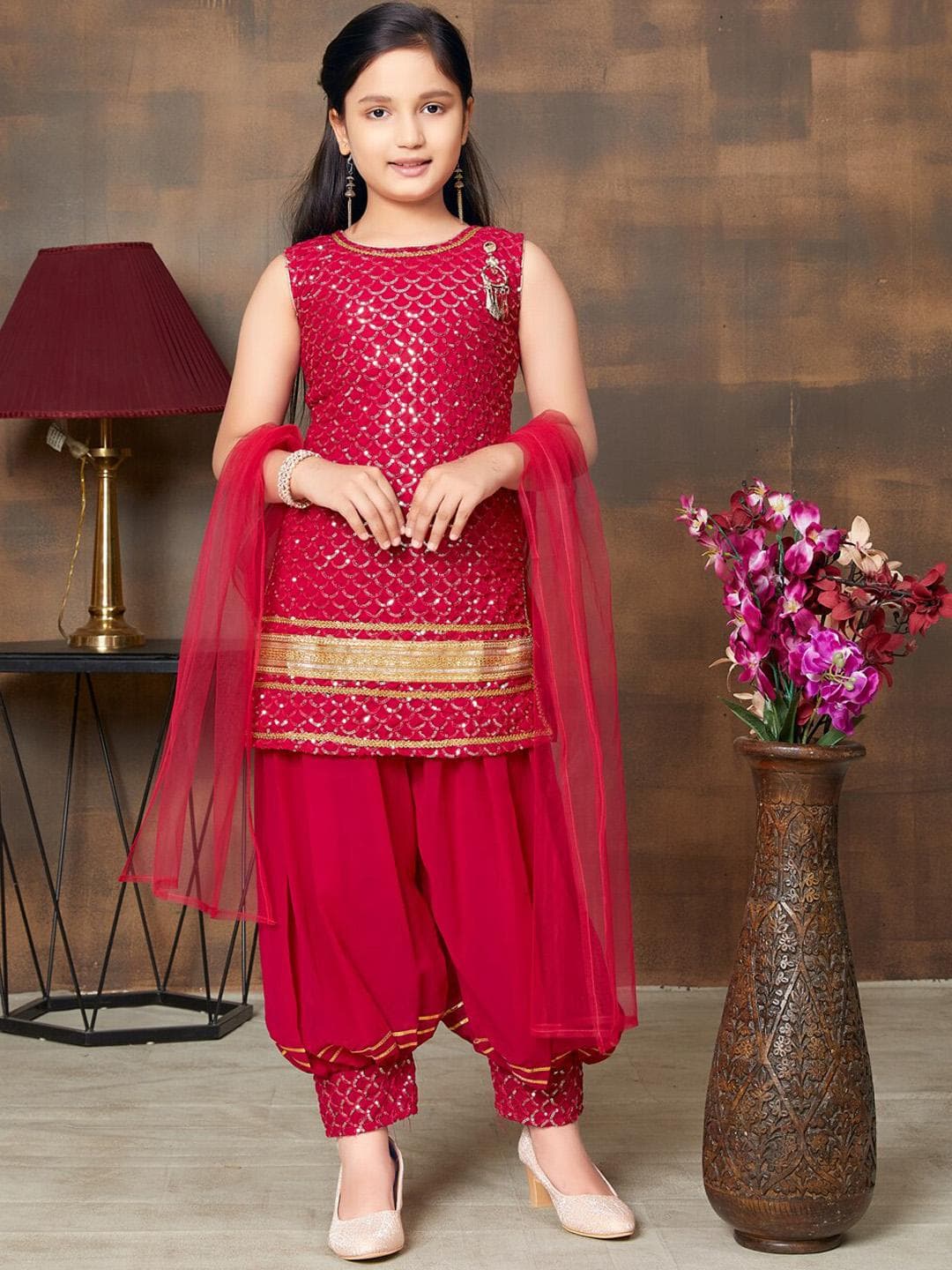 BAESD Girls Ethnic Motifs Embroidered Sequinned Kurti with Patiala & With Dupatta