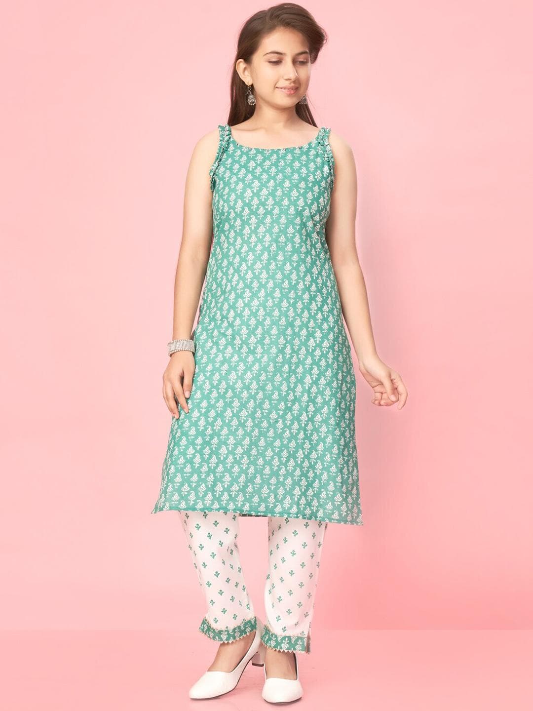BAESD Girls Ethnic Motif Printed Round Neck Sleeveless Cotton Straight Kurta