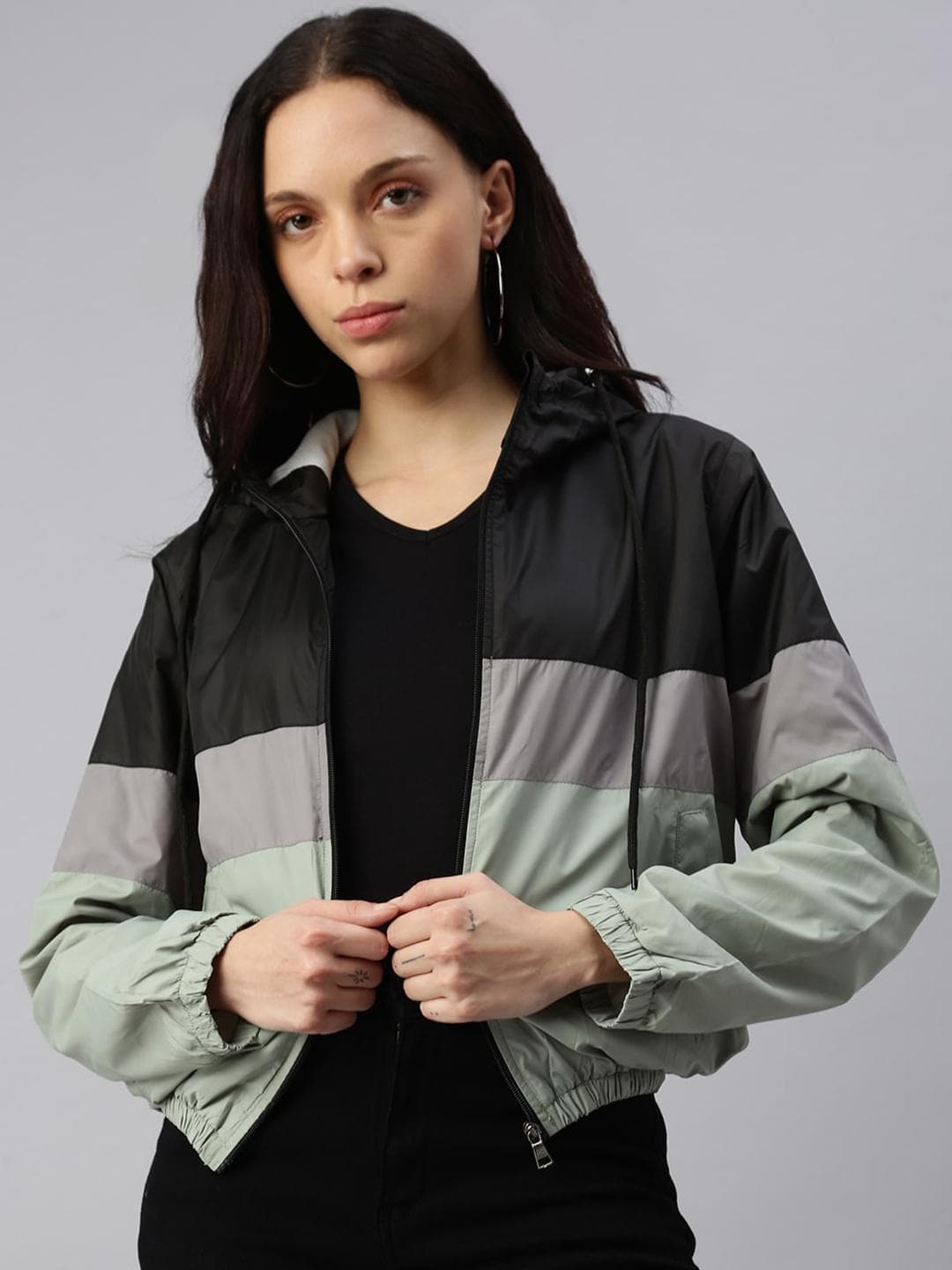 VOXATI Women Colourblocked No Crop Bomber Jacket